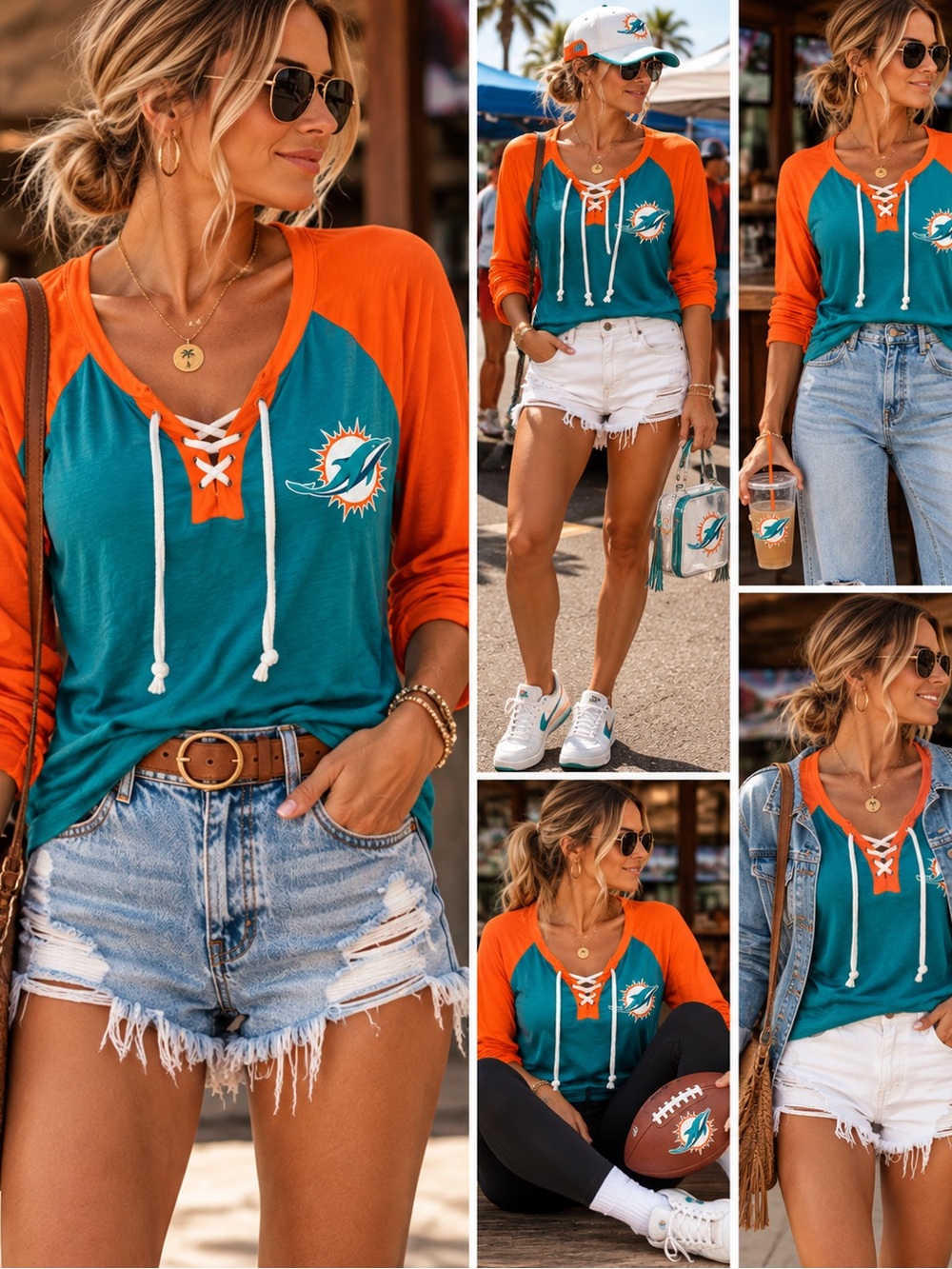 NFL Miami Dolphins Teal & Orange Lace-Up Raglan Sweatshirt - Picture 2 of 2